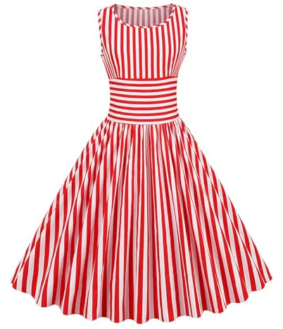 Robe de soirée rockabilly pour femme - Robe de soirée élégante rouge et blanche rayée - Robe maxi avec taille haute - Sans manches - Épaules dénudées - Lignes A - Robe de cocktail vintage pour