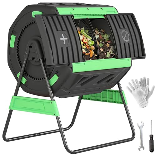Outsunny Composteur rotatif de 200 L, bac à compost de jardin à double chambre, sans BPA, composteur avec ouvertures d'aération, 2 portes coulissantes et pieds en métal, vert