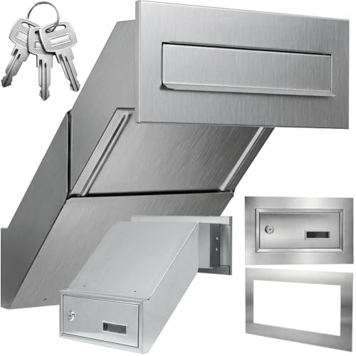 Vägggenomkast, brevlåda, rostfritt stål, V2A INOX med ram, inbyggd brevlåda, XXL, väggtjocklek 260–420 mm, väderbeständig, frontplatta, 305 × 135 mm, rostfri framdel + bakdörr