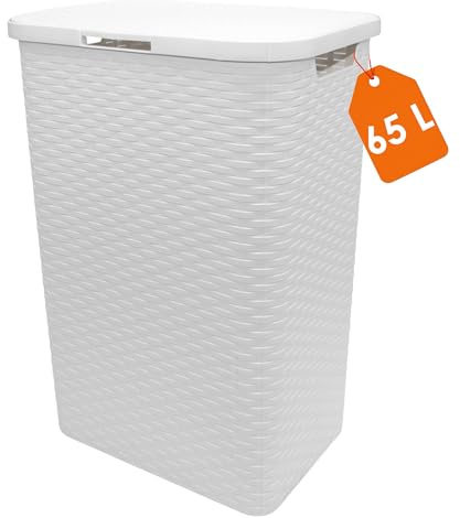 Cesto per la biancheria in plastica bianco con coperchio, effetto rattan - 65 litri - Raccoglitore per la biancheria ad effetto intrecciato con maniglie laterali - Cesto raccoglitore per la biancheria