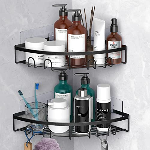 Kerisgo Corner Shower Caddy, 2 Pack Adhesive Bathroom Shower Corner Organizer Shelf, No Drilling Rustproof Wall Mounted Shower Storage Rack Shampoo Holder Organizer (Black)