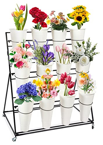 Présentoir à fleurs avec seaux - 3 niveaux 12 seaux, support pour plantes, présentoir mobile de magasin de fleurs avec roues,pour intérieur extérieur patio jardin, salon, fleuriste (Color : C)