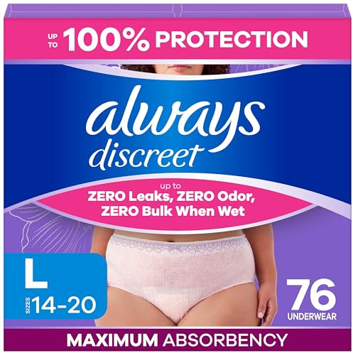 Always Discreet Adult Diapers for Women, Incontinence Underwear, Postpartum Essentials, Disposable Briefs, Max Absorbency, Bladder Leak Protection, Large, 76ct