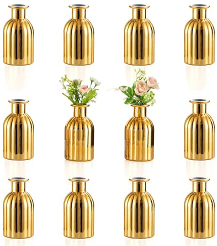 NUPTIO Small Glass Vases for Flowers: Set of 12 Bud Vase Gold Vintage Flower Bottles Handmade Table Centrepiece for Wedding Christmas Birthday Party Centerpieces Home Dining Living Room Decoration