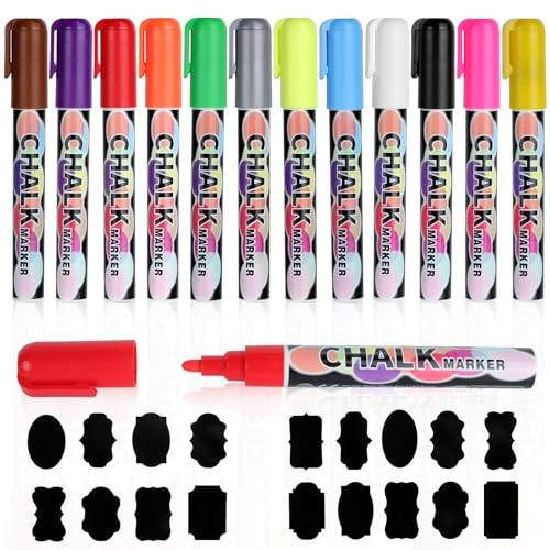 JOLIGAEA Rotulador Pizarra Blanca, Rotuladores Tiza Liquida, Rotuladores Cristal Borrable, Punta Fina Redonda 6mm, Rotuladores para Pizarra Negra de Base al Agua, para Cristales, Cerámica - 12 Colores