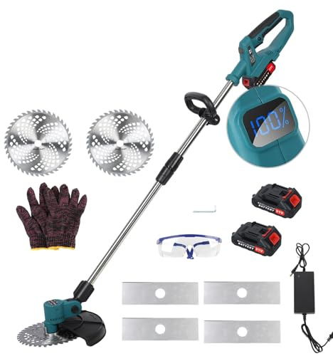 Luojuny Desbrozadora inalámbrica de 9 pulgadas, desbrozadora de jardín ajustable inalámbrica, 2 desbrozadoras de batería de 21 V 2000 mAh inalámbricas, cortador de cepillo con 2 tipos de cuchillas,