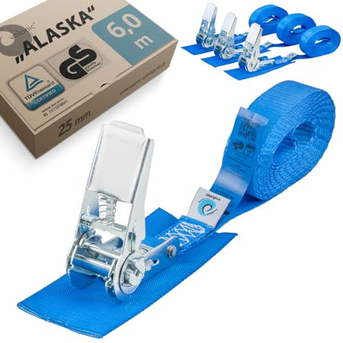 valonic Alaska, 4X 6m Sangle d'arrimage avec cliquet, 25mm, 800 Kg, rembourrée, Certifié TÜV Rheinl. / GS, en 12195-2 - Sangles de Serrage pour Moto et remorque, Bleu
