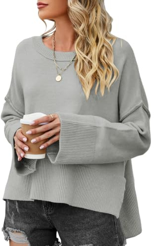 PANOZON Jersey Punto Mujer Invierno Suéteres Otoño 2024 Oversized Jumper con Cuello Redondo Mangas Acampanadas Tops Costura Suéter(Gris,L)