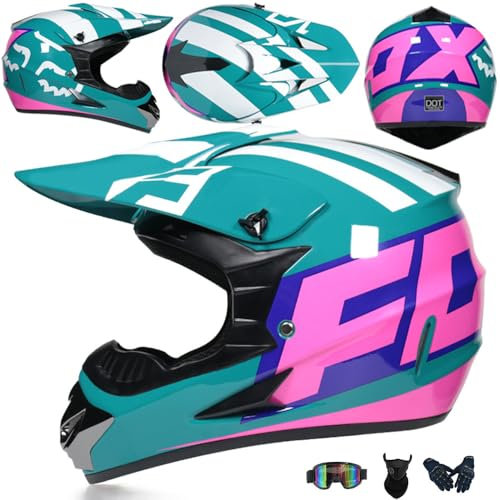 PAESCOY Motorradhelm Cross Damen Herren Full Face MTB Helm Motocross Helm DOT/ECE-Zertifizierter Mit Schutzbrillen Maske Handschuhe Downhill Helm Mopedhelm Schutzhelm Für Cruiser Chopper,Green/A-L