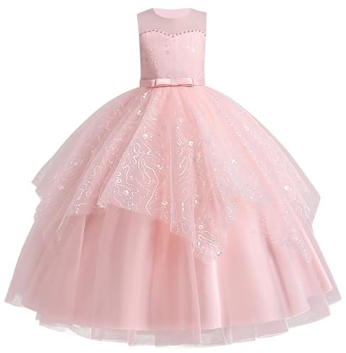 IWEMEK Kinder Mädchen Kleid Zeremonie Hochzeit Lang Karneval Tutu Ärmellos Kleid Taufe Kommunion Geburtstag Party Brautkleid, Rosa, 150 cm