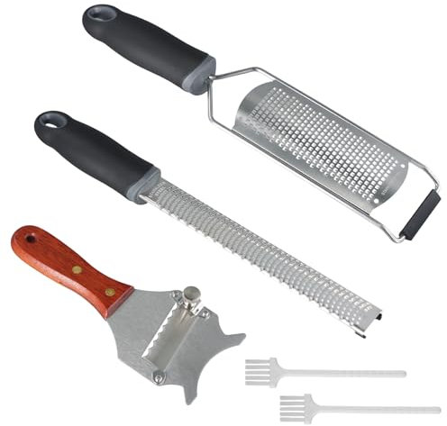 Set di Affettatrici Gourmet Regolabili, 2 Pezzi Grattugia Formaggio, 1 Pezzi Affetta Tartufi, Grater Formaggio in Acciaio Inox, Taglia Tartufo con Manico in Legno per Tagliare Cioccolato, Formaggio
