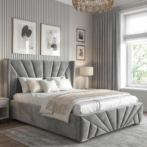 Blisswood King Size Ottoman Bed Frame, Upholstered Gas Lift-Up Storage Bed with Headboard, 5ft Kingsize Velvet Finish, Wooden Slats Bed Frame for Bedroom & Guest Room (150x200cm Dark Grey_No Mattress)