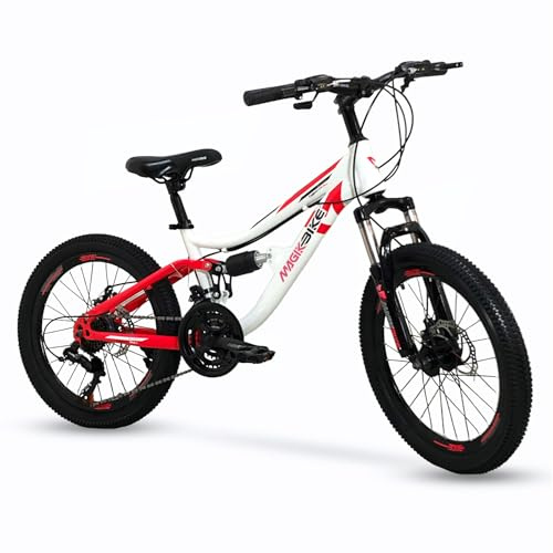IBK Bicicletta Bici MTB 20'' Pollici Mountain Bike BIAMMORTIZZATA Cambio 21 Velocità Freni a Disco Ragazzo Bianco Rosso