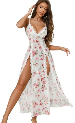 Tomkids Women Sexy Lingerie Lace Babydoll Mesh Long Chemise V-Neck Sleepwear Mesh Nightdress High Side Slit Nightwear