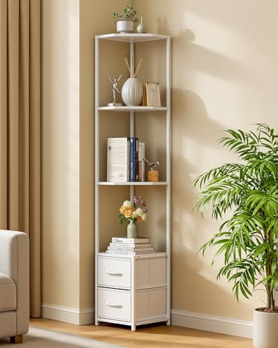 Housolution 6 Tier Corner Shelf Stand with Storage and Fabric Drawers,White