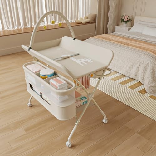 Table à Langer Pliable, Plan à Langer 2 Tiroirs en Tissu, Panier Latéral et Tringle de Suspension, Meuble pour Bébé Réglable en Hauteur, avec roulettes Verrouillables ,75*68*83-91cm (B) Blanc crème