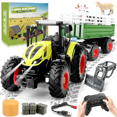 YOOHBERRYS Tracteur Télécommandé Enfant, 2.4 GHz Tracteur Jouet avec Remorque Électrique et Éclairage, Jouet Ferme pour 3 4 5 6 7 Ans Garçons Filles Cadeau d'anniversaire