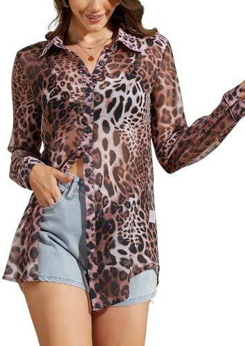 Arssm Sheer Tops for Women Sheer Button Up Blouse Long Sleeve Sexy See Through Tops Mesh Shirts(Leopard-M)
