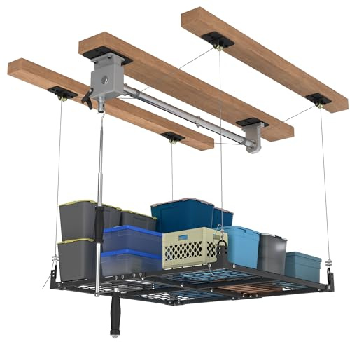 Jowkou 4x4FT Heavy Duty Garage Ceiling Storage Rack, Overhead Storage Lift 400lbs Capacity, Adjustable Hanging Ceiling Mounted Organizer with Hand Crank for Garage Workshop