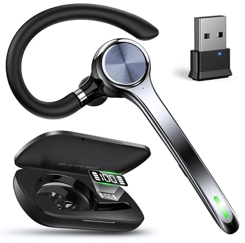 Ngsod Bluetooth Headset, Wireless Earpiece with Upgrade Noise Canceling Mic,500mAh Charging Case Support 72H Talking Time,Hand-Free Headphones with Mute Button for Computer Cell Phones Trucker Work