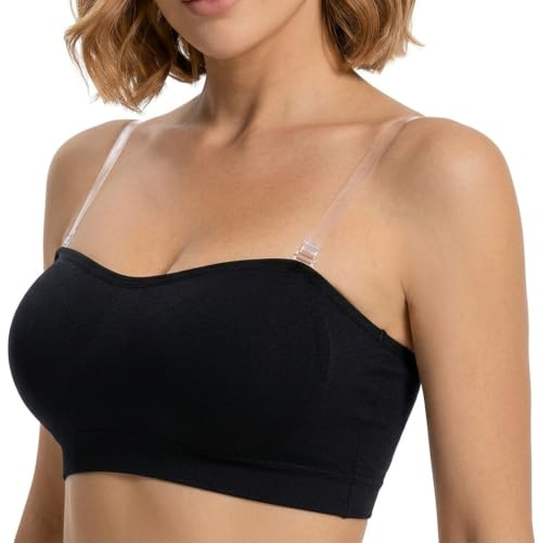 Strapless Bras for Women, Comfortable Wireless Bandeau Top with Detachable Transparent Straps, Wear with Low-Cut Dresses for Formal Events, Use as Daily Bra Under Regular Clothing, L Size