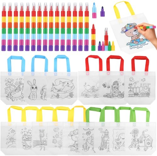 Fuxoro Lot de 15 sacs en tissu à peindre avec 15 crayons de cire (7 en 1), kit de sacs en tissu pour enfants, pour cadeaux d'anniversaire d'enfants, kit de bricolage pour anniversaire d'enfant