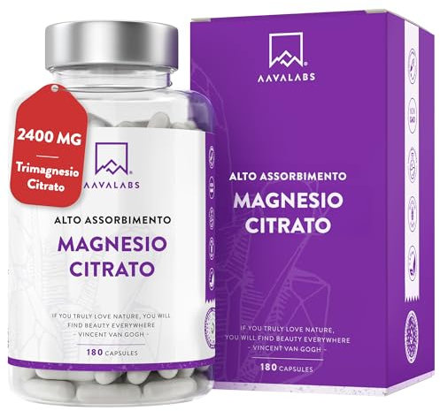Magnesio Citrato 2400mg AAVALABS | Citrato di Magnesio Polvere di cui 360mg di Magnesio Puro - Integratori Stanchezza Magnesio Donna e Uomo, Supporta Ossa e Muscoli - Magnesium Citrate 180 Capsule
