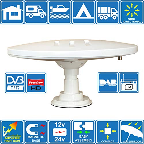Helio-Magnet amplifiée numérique omnidirectionnelle d'antenne TV HD de Gain Haut 33dB TNT DVB-T2 FM Dab. 12V / 24V pour Camping-Car, Poids Lourd, Camion, Caravane, Bateau ou Camping par Unispectra®