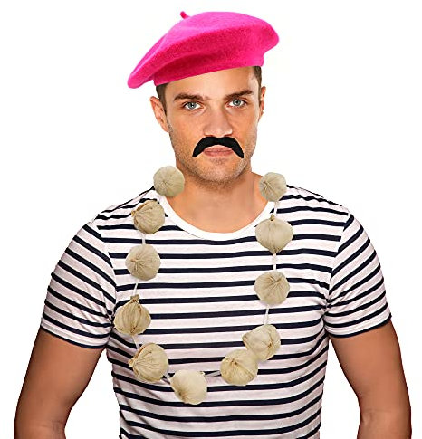 Set mit rosa Baskenmütze und Knoblauch + lockige Fashen, Girlande, französischer Bastille-Tag, für Herren und Damen (Hot Pink Baskenmütze & Knoblauch-Girlande)