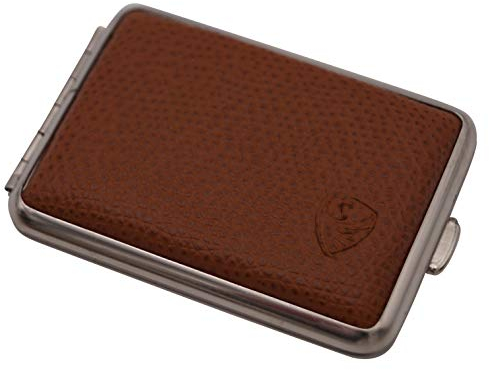 GERMANUS Pillendose Etui, Made in Germany, Kleines Rind Pillenbox für Tabletten, Stahl mit braunem Leder, für Tabak Schnupftabak - Braun