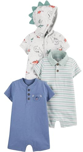 Simple Joys by Carter's Baby Boys' 3-Pack Rompers, Dinosaur/Dog/Double Stripe, 24 Months