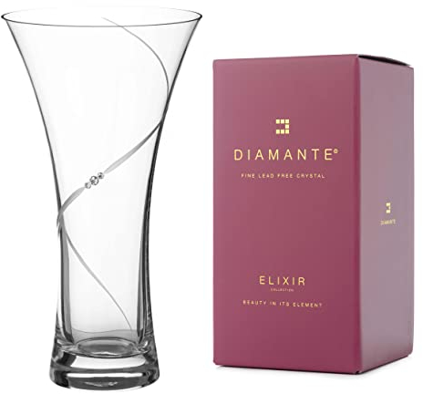 DIAMANTE Swarovski Hollow Sided Trumpet Vase ‘Silhouette' - Crystal Flared Glass Vase with Swarovski Crystals - 25cm