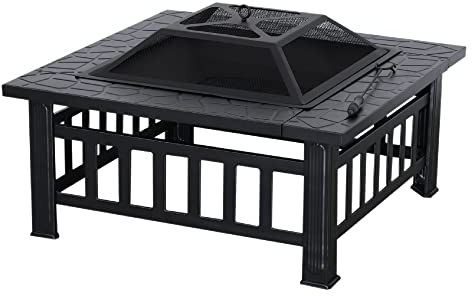 M MCombo Feuerschale mit Grillrost & Funkenschutz, Feuerkorb mit Schürhaken, Feuerstelle für Garten, Terrasse und Balkon 81x81x44,5 cm, 0039