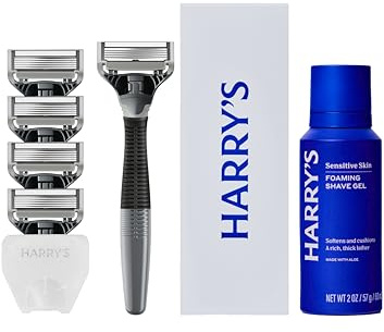 Harry's Original Shaving Kit for Men - Razor Handle, 5 Razor Blade Refills, Foaming Shave Gel, and Travel Blade Cover - TSA Approved Travel Essentials - German Engineered - Charcoal