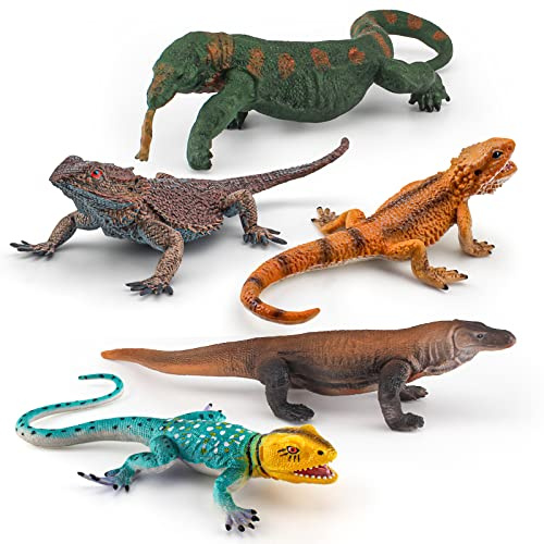 BRETOYIN Realistic Komodo Dragon Figures Bearded Dragon Toys 5PCS Tropical Forest Animals Figurines Lizard Figures Chameleon Toys School Project Model for Kids Toddlers Birthday Gift Cake Toppers