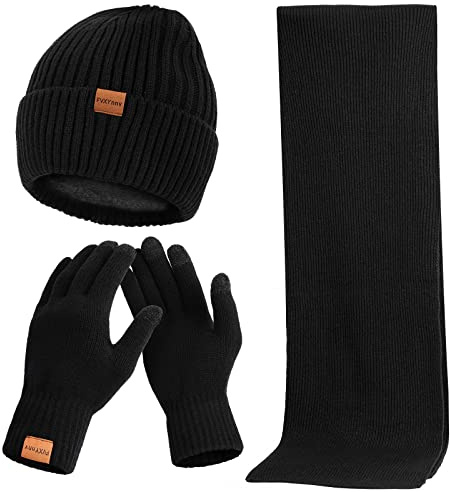 Conjunto Gorro Bufanda y Guantes Hombre Mujer 3 en 1 Set de Invierno, Cálido Invierno Gorro de Punto con Forro Polar, Guantes de Pantalla Táctil, Bufanda Larga (Negro)