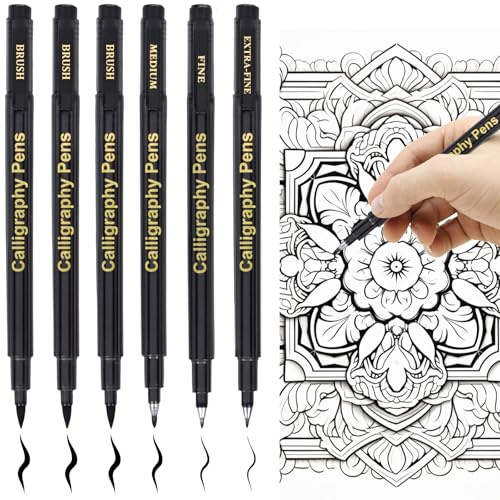 Marte Vanci Calligraphy Pens Calligraphy Pen Set for Beginners Black Brush Pens for Hand Lettering Writing Signature Illustration Sketching Scrapbooking Art Drawing Ink Refillable 6 Packs