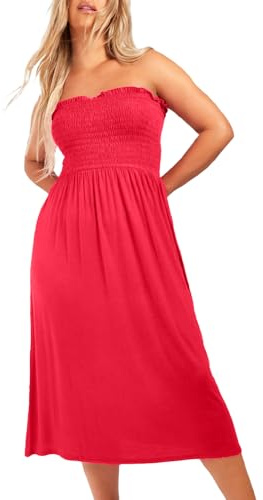 NetSetUK Women's Strapless Sheering Boob Tube Gather Oversized Plus Size Elasticated Bust Bandeau Plain Beach Summer Sleeveless Top Midi Dress for Ladies 8-22 Red