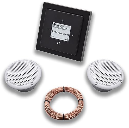 Busch Jäger iNet Internet Unterputz Radio 8216U Future Linear Anthrazit, Komplett-Set mit 2 x Decken Feuchtraumlautsprecher/Badezimmer + 20 m Lautsprecherkabel 2x0,75 mm2 8216U