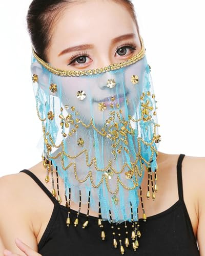 LEVIOC'S Belly dance half face veil costume with gold beaded clover for womens girls arabian egyptian dancing (Cyan)