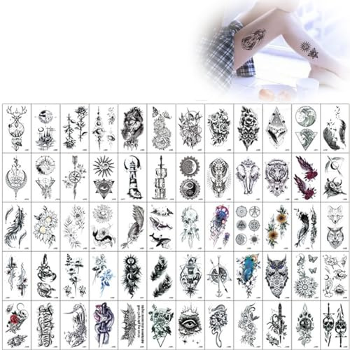 LJFEA 60 ark tillfälliga tatueringar, svarta falska tatueringar, tillfälliga tatueringar för vuxna, vattentät, tillfällig tatuering för barn, vuxna, män och kvinnor
