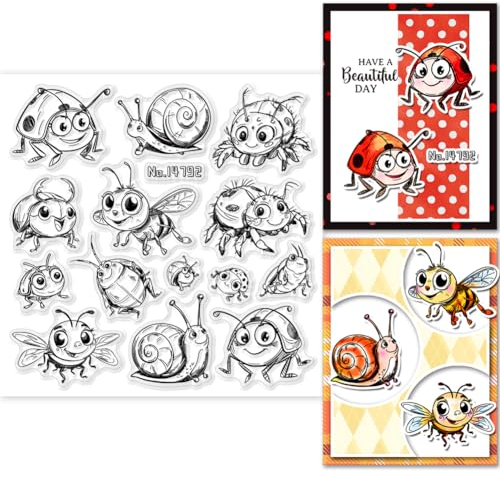 GLOBLELAND Lustigen Insekten Transparente Stempel 5.91x5.91 Zoll Marienkäfer Bienen Spinnen chnecken Silikon Stempelsiegel Cartoon Insekten Transparente Stempel für DIY Journal Scrapbooking