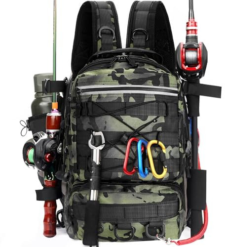 Luckits Fishing Backpack, Fishing Bag Fishing Tackle Backpack with Rod Holder Waterproof Tackle Storage Bags Breathable Shoulder Sling Fishing Gear Bag for Fishing Hiking Hunting Camping Sport