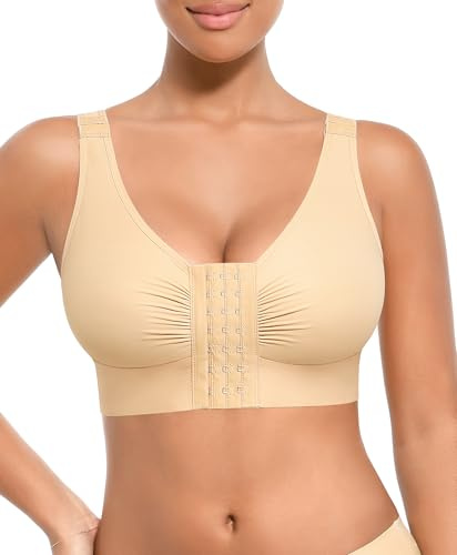 FeelinGirl Front Closure Bras for Women Post Surgery Minimizer Compression Bra for Augmentation Beige XL