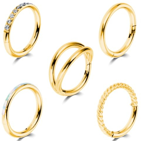 Yolev 5Pcs 18G Nose Rings Hoops Hinged Clicker Septum Ring CZ Tragus Cartilage Double Nose Ring Gold Nose Body Piercing Jewelry for Women Men(8MM)