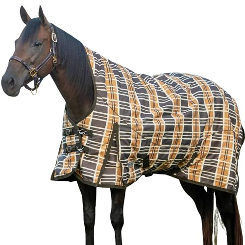 Jeffers Solaris 1200 Denier Turnout Blanket with Extended Neck Design - Brown & Cream Plaid 78 - Waterproof, Breathable Horse Blanket with 240g Polyfill, Ideal Protection for Winter, Medium Weight