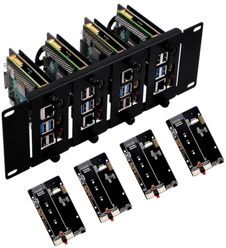 GeeekPi 10 tum 2U Rackmount för Raspberry Pi 5, med 4 st PCIe till M.2 NVMe SSD-adaptrar, håller upp till 4 Raspberry Pi 5 brädor, kompatibel med DeskPi RackMate T1/T0/T2/10 tums serverrack