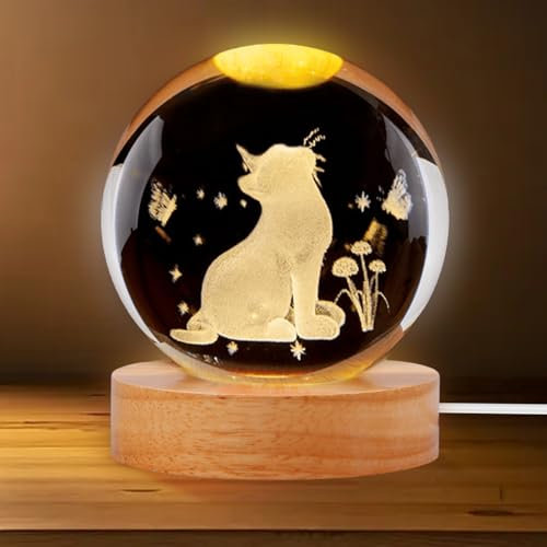Luce notturna a sfera di cristallo 3D: lampada USB per gatti, luce calda, base in legno, decorazione per Natale, Ringraziamento, San Valentino
