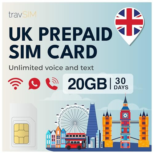 travSIM UK SIM-Karte | 40GB Daten + Unbegrenzte Anrufe & Texte | 4G/5G Geschwindigkeiten | Funktioniert in ganz Großbritannien | SIM-Karte UK ist 30 Tage lang gültig