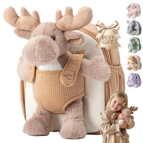 Moonkie Hug & Go Sac a Dos Enfant, Cartable Maternelle Renne avec Jouet Amovible, pour Filles & Garçon 1 2 3 Ans, Petit Sac a Dos Bebe en Peluche Douce, Cadeau Personnalisé pour Crèche & Ecole
